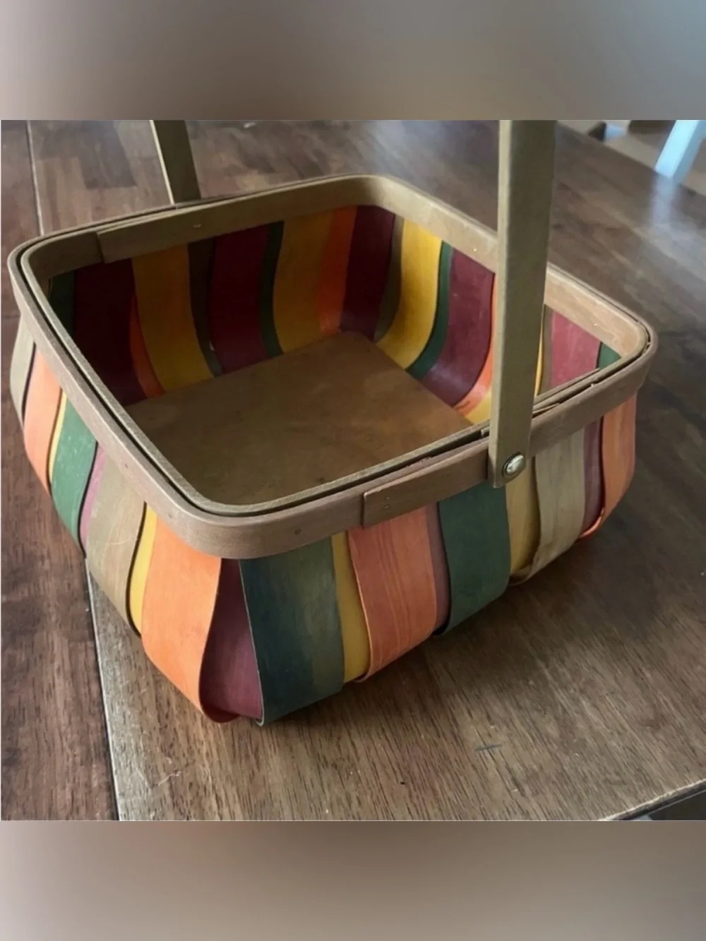 Vintage Multi-Color Wood Slat Squared Basket with Handle